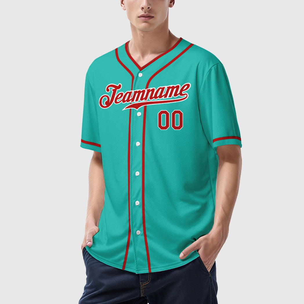 Custom Aqua White Red Piping Baseball Jersey