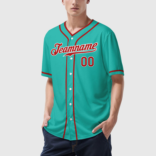 Custom Aqua White Red Piping Baseball Jersey
