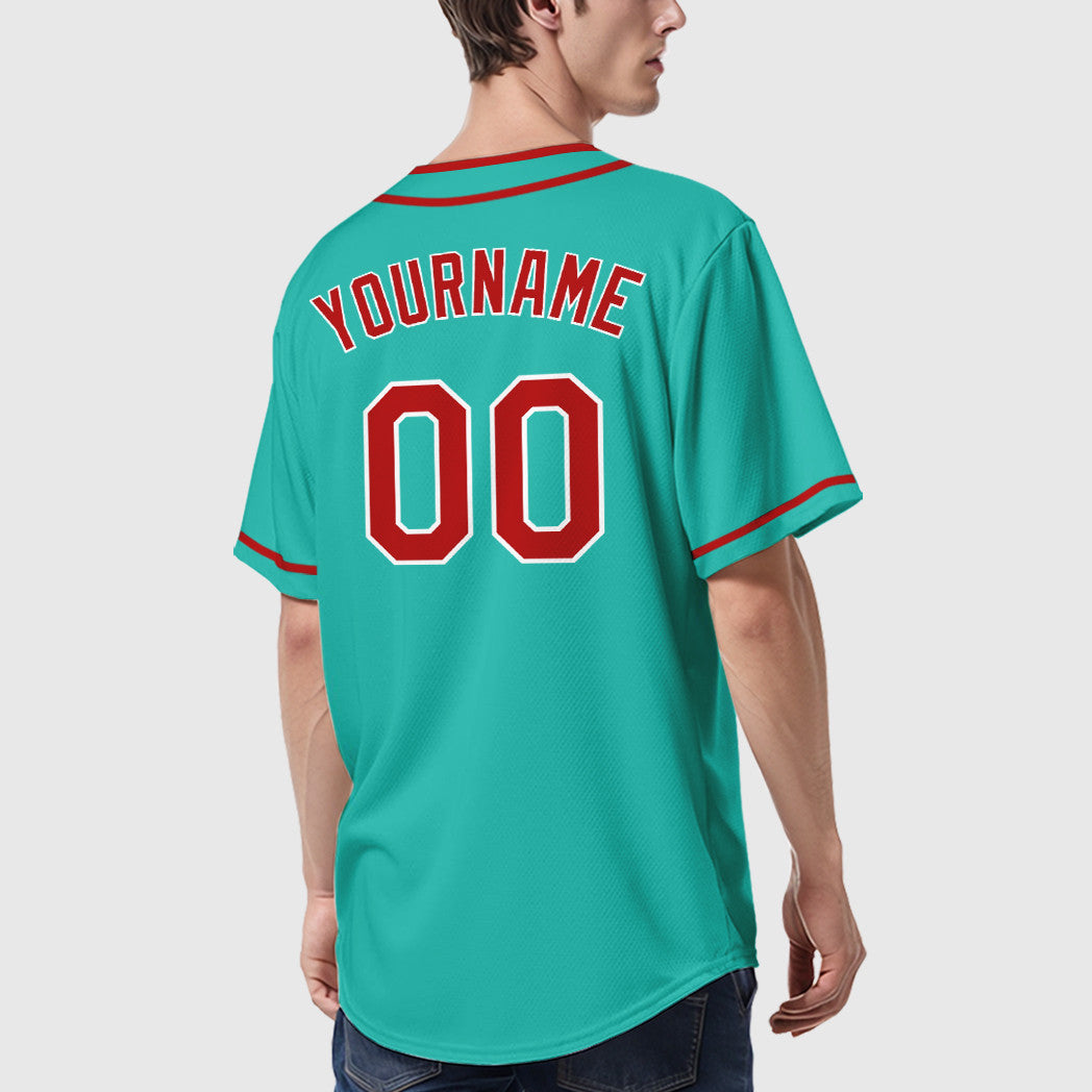 Custom Aqua White Red Piping Baseball Jersey