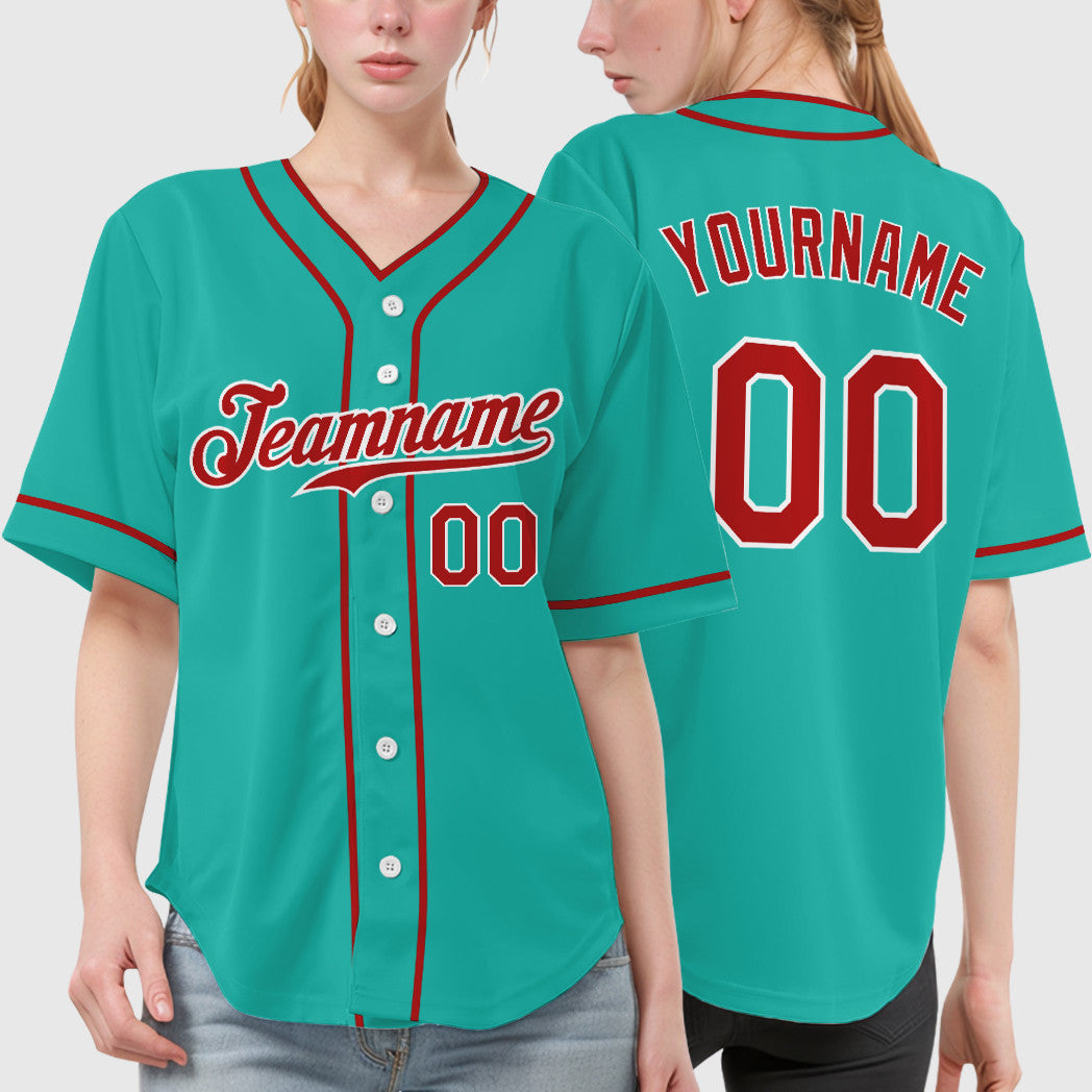 Custom Aqua White Red Piping Baseball Jersey
