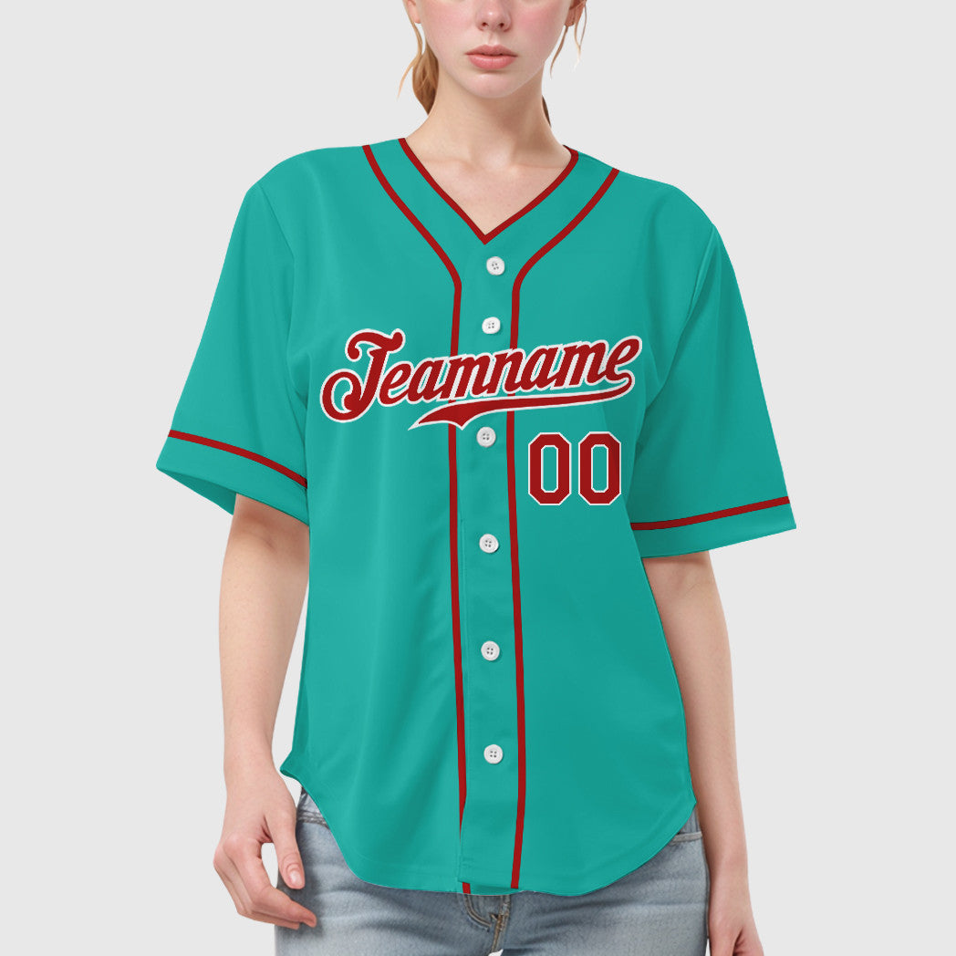 Custom Aqua White Red Piping Baseball Jersey
