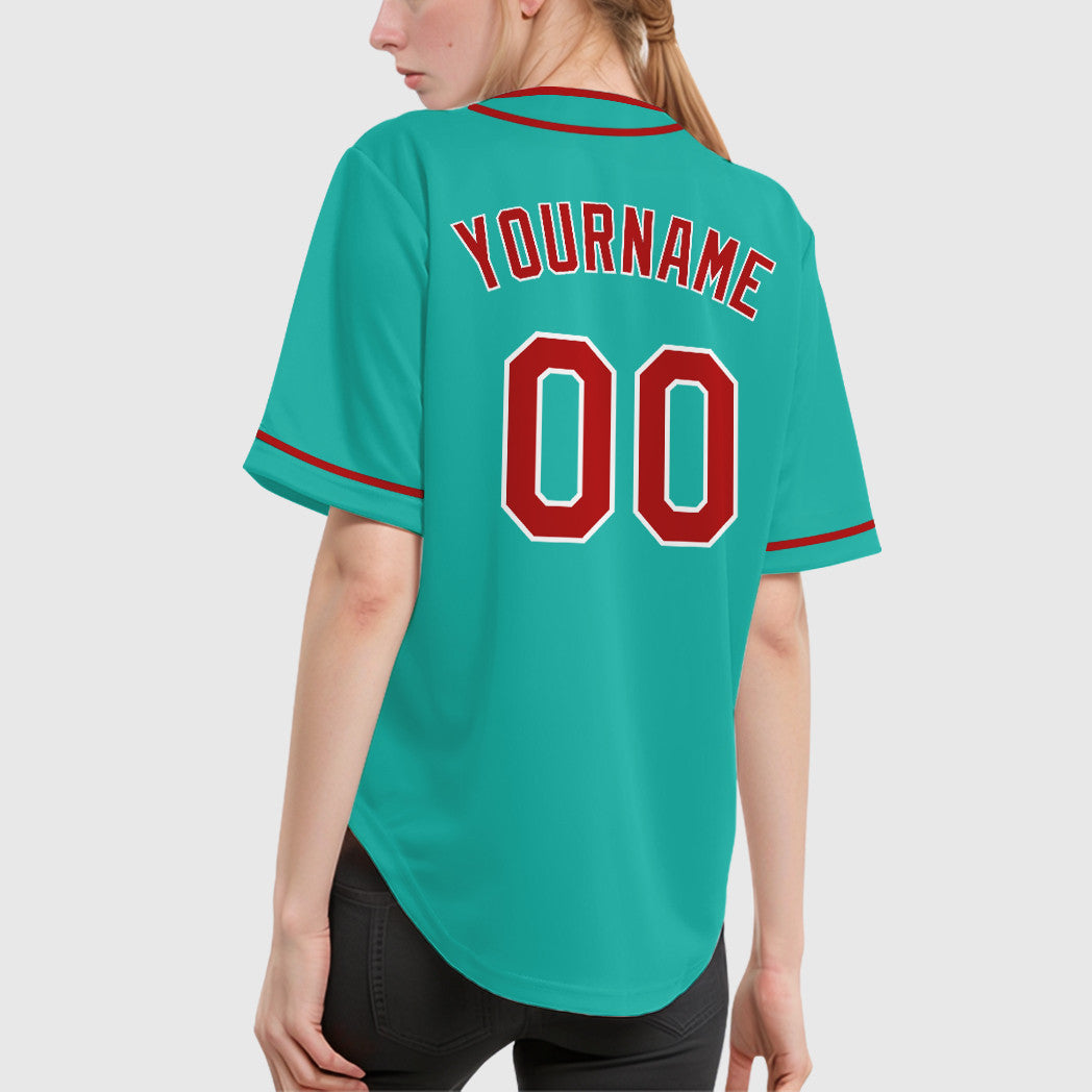 Custom Aqua White Red Piping Baseball Jersey