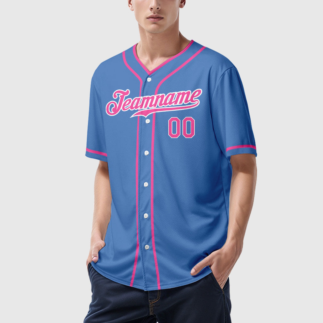 Custom Powder Blue White Pink Piping Baseball Jersey