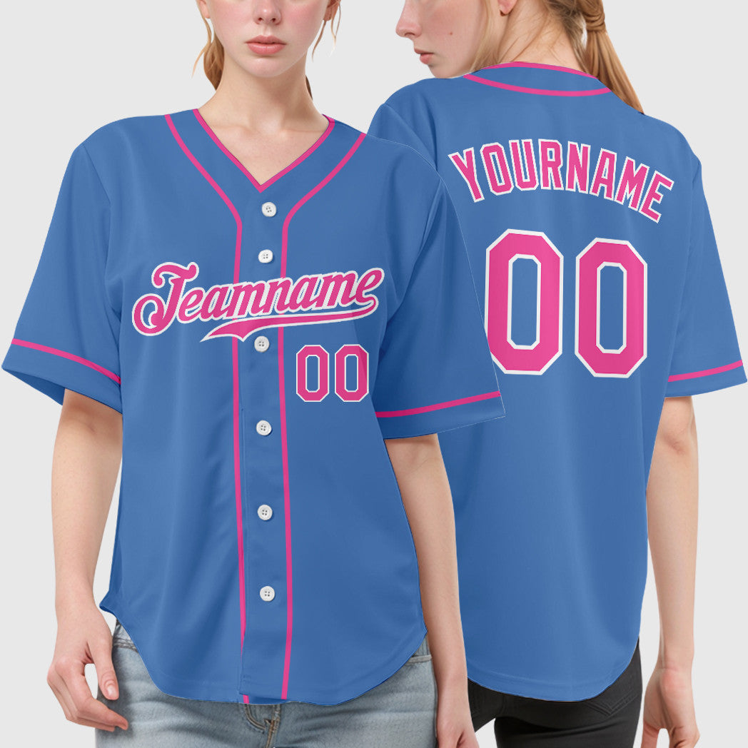 Custom Powder Blue White Pink Piping Baseball Jersey