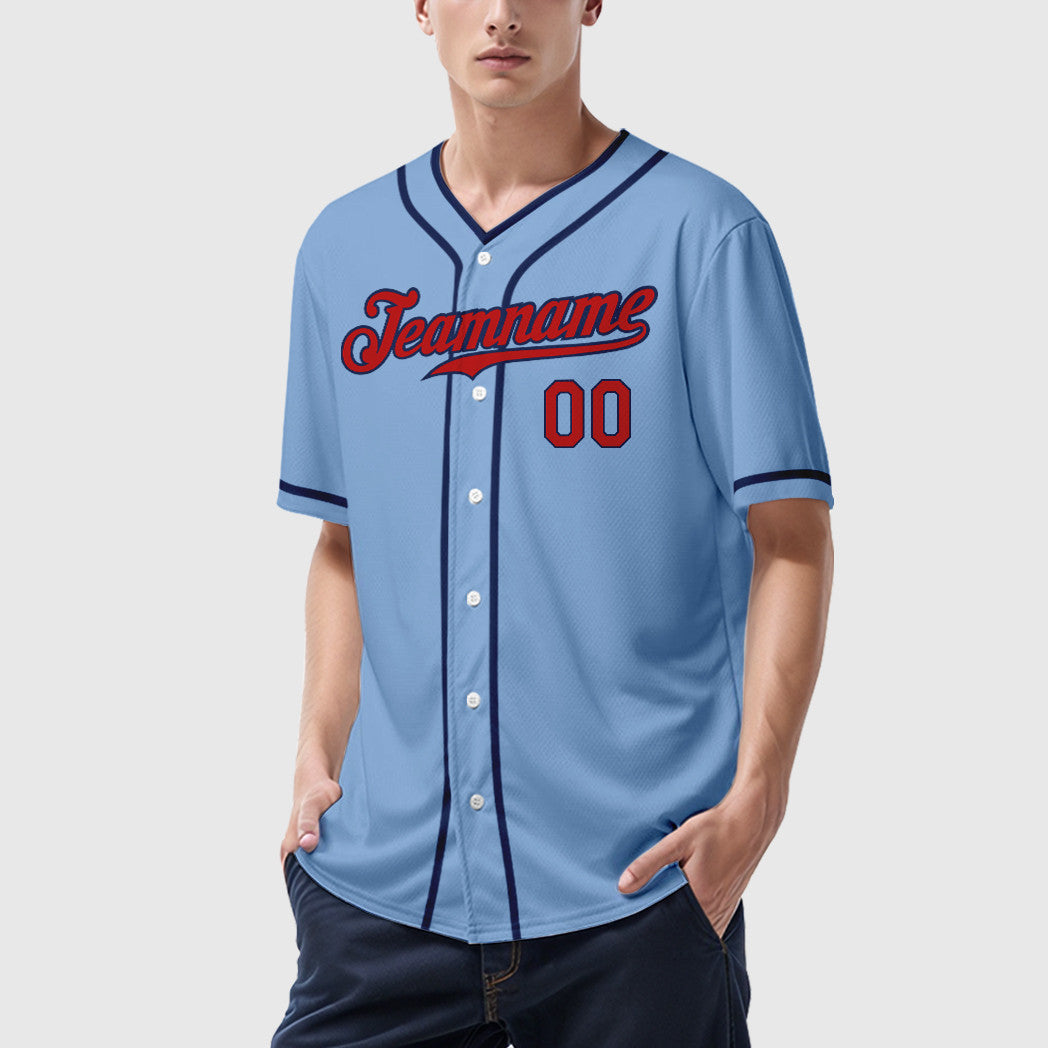 Custom Light Blue Red Red-Navy Piping Baseball Jersey