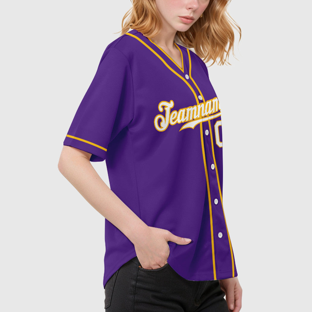 Custom Purple White Gold Piping Baseball Jersey