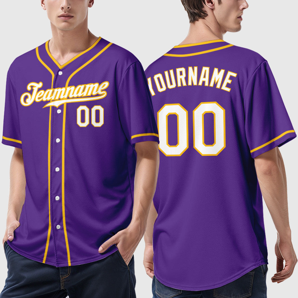 Custom Purple White Gold Piping Baseball Jersey
