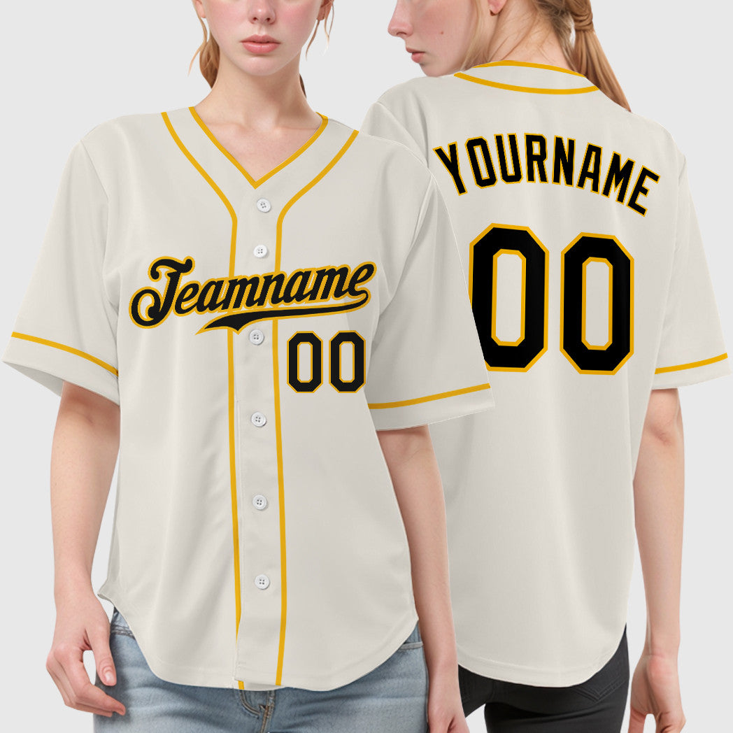 Custom Cream Black Gold Piping Baseball Jersey