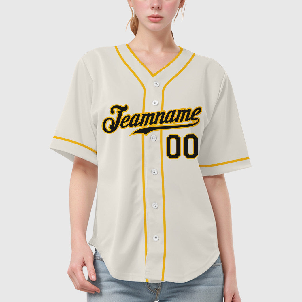 Custom Cream Black Gold Piping Baseball Jersey
