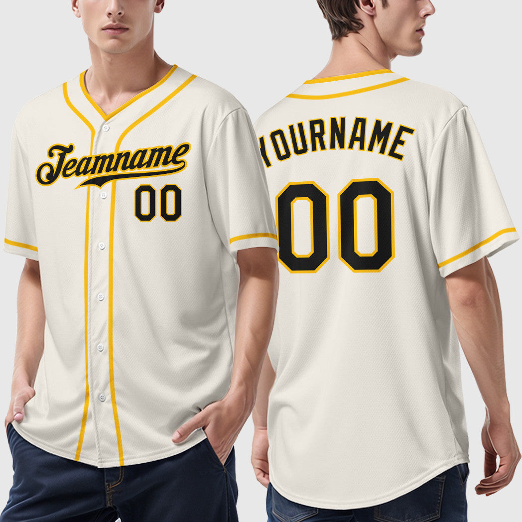 Custom Cream Black Gold Piping Baseball Jersey