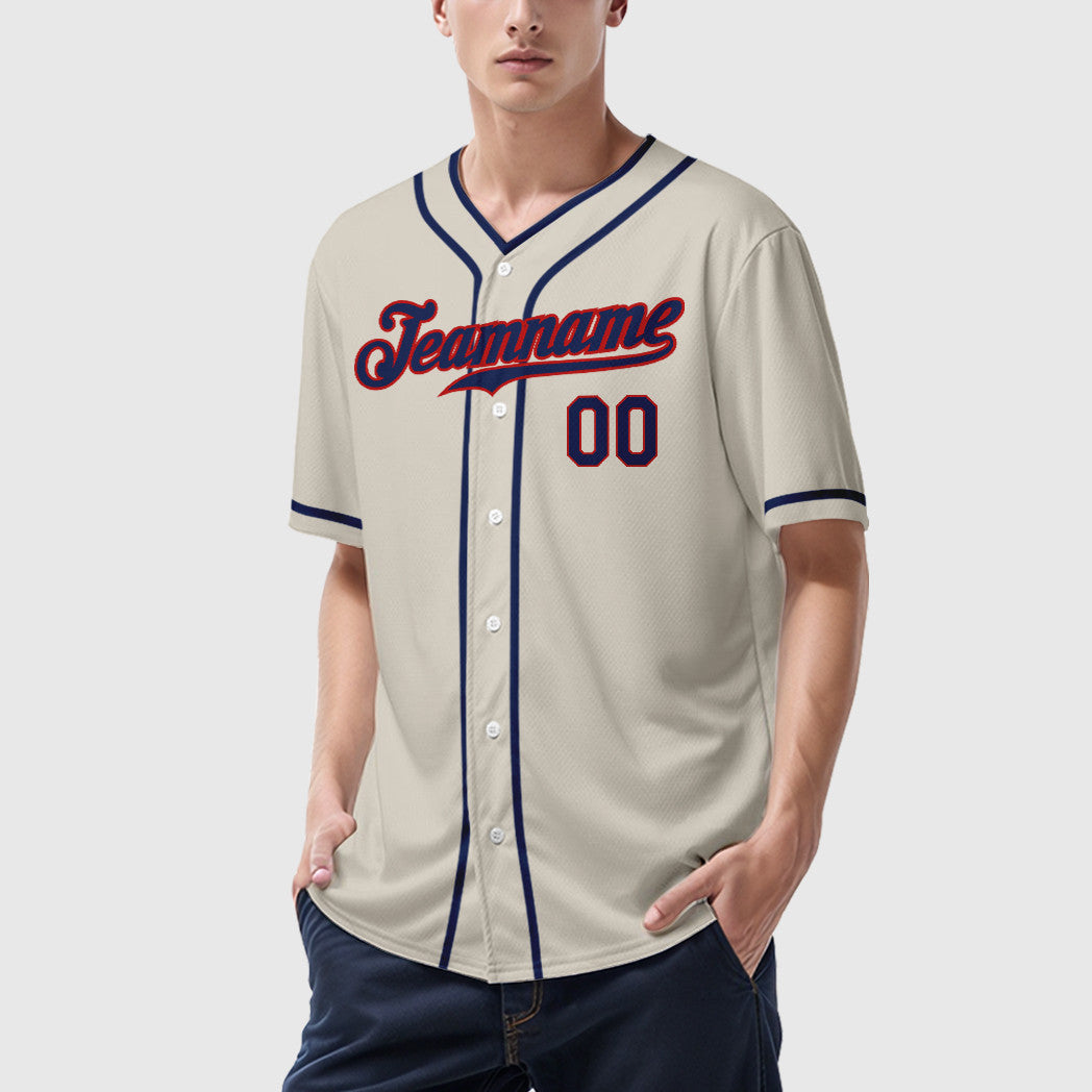 Custom Cream Navy Navy-Red Piping Baseball Jersey