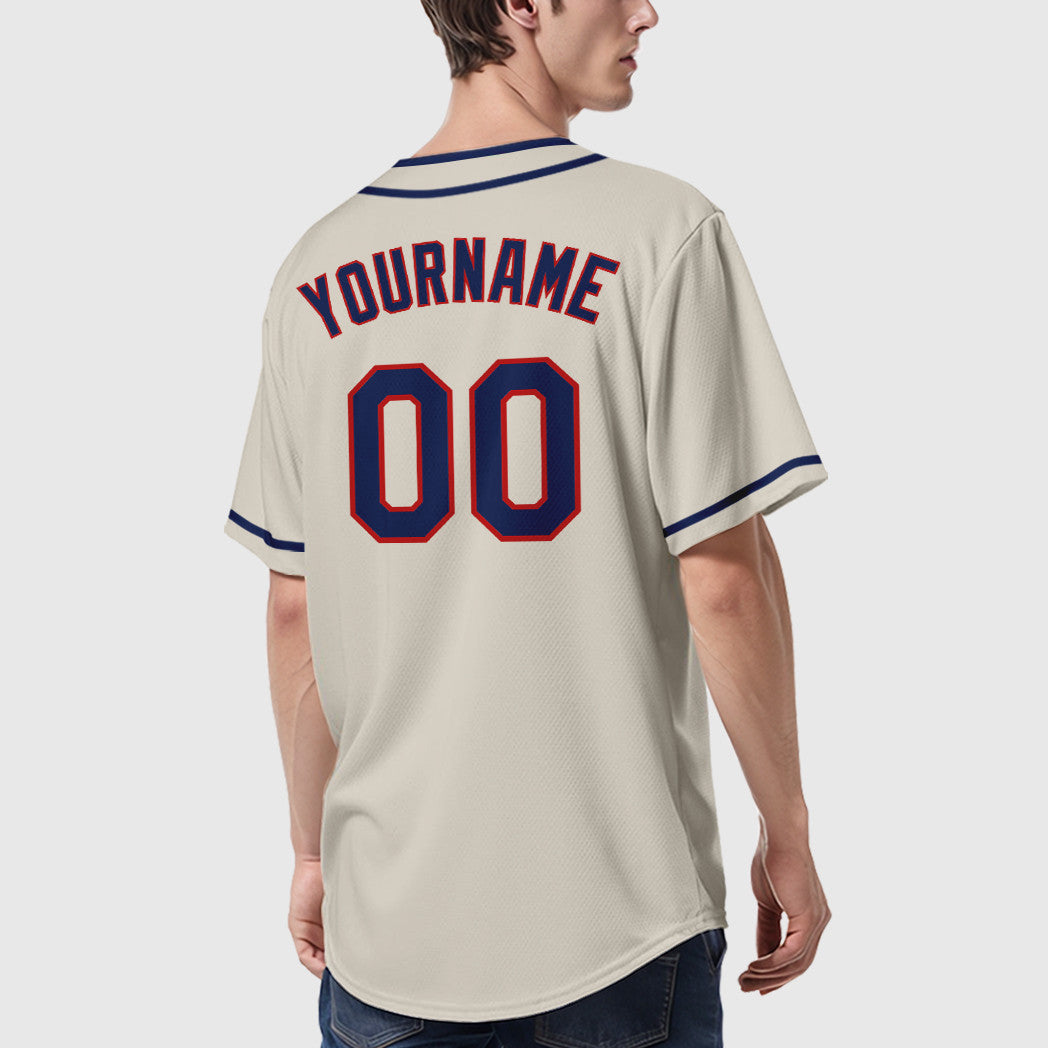 Custom Cream Navy Navy-Red Piping Baseball Jersey