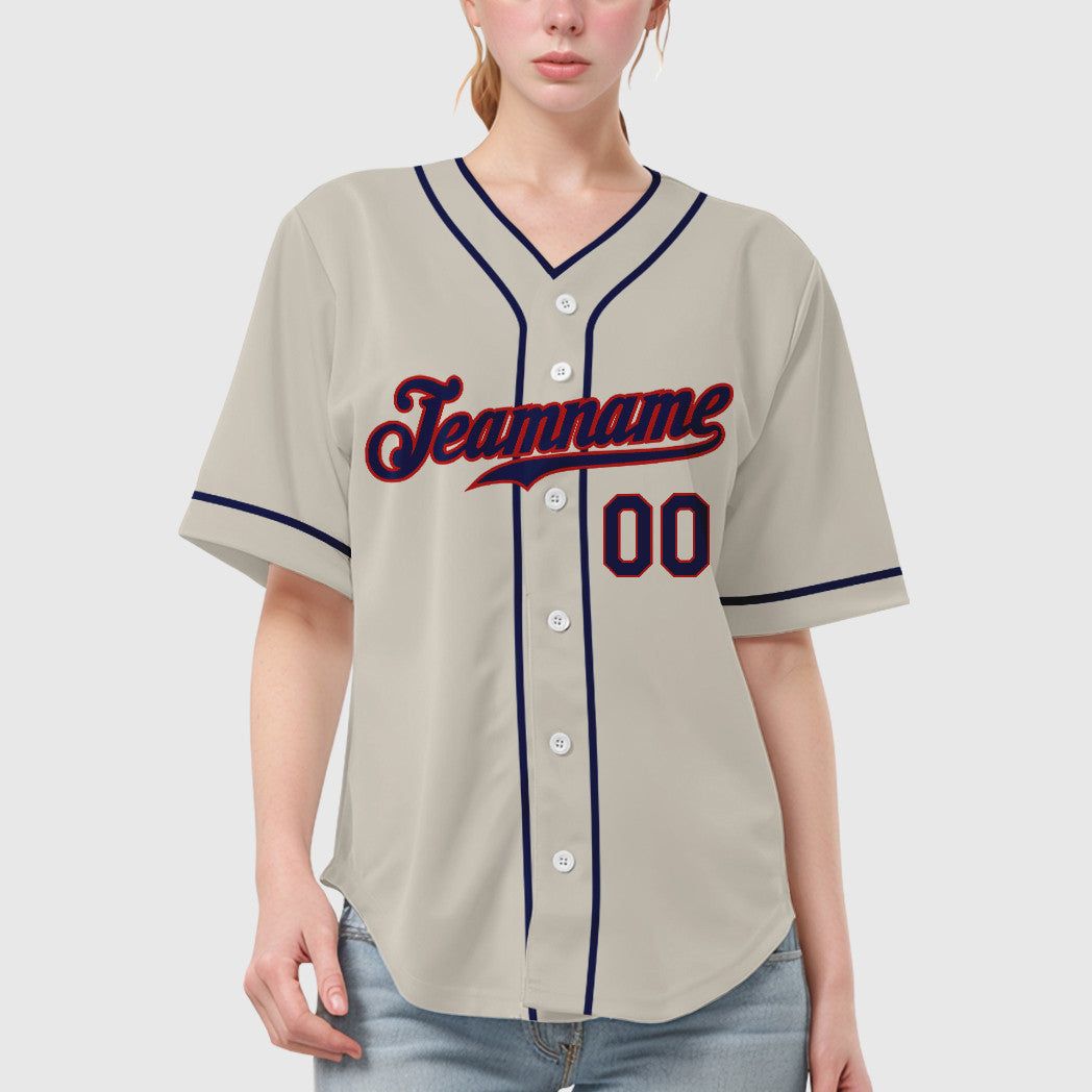 Custom Cream Navy Navy-Red Piping Baseball Jersey
