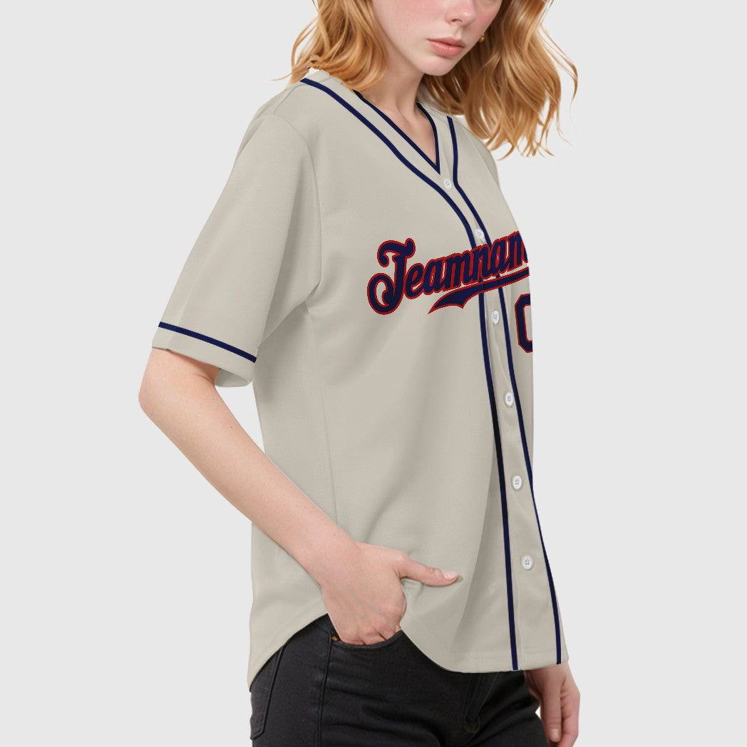 Custom Cream Navy Navy-Red Piping Baseball Jersey