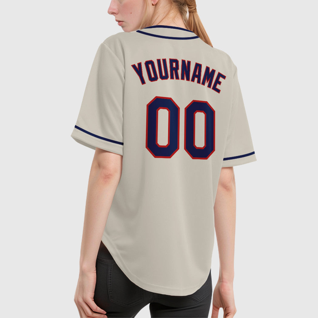 Custom Cream Navy Navy-Red Piping Baseball Jersey