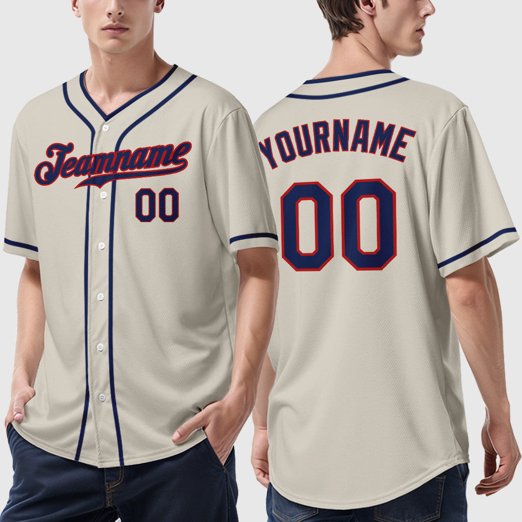Custom Cream Navy Navy-Red Piping Baseball Jersey