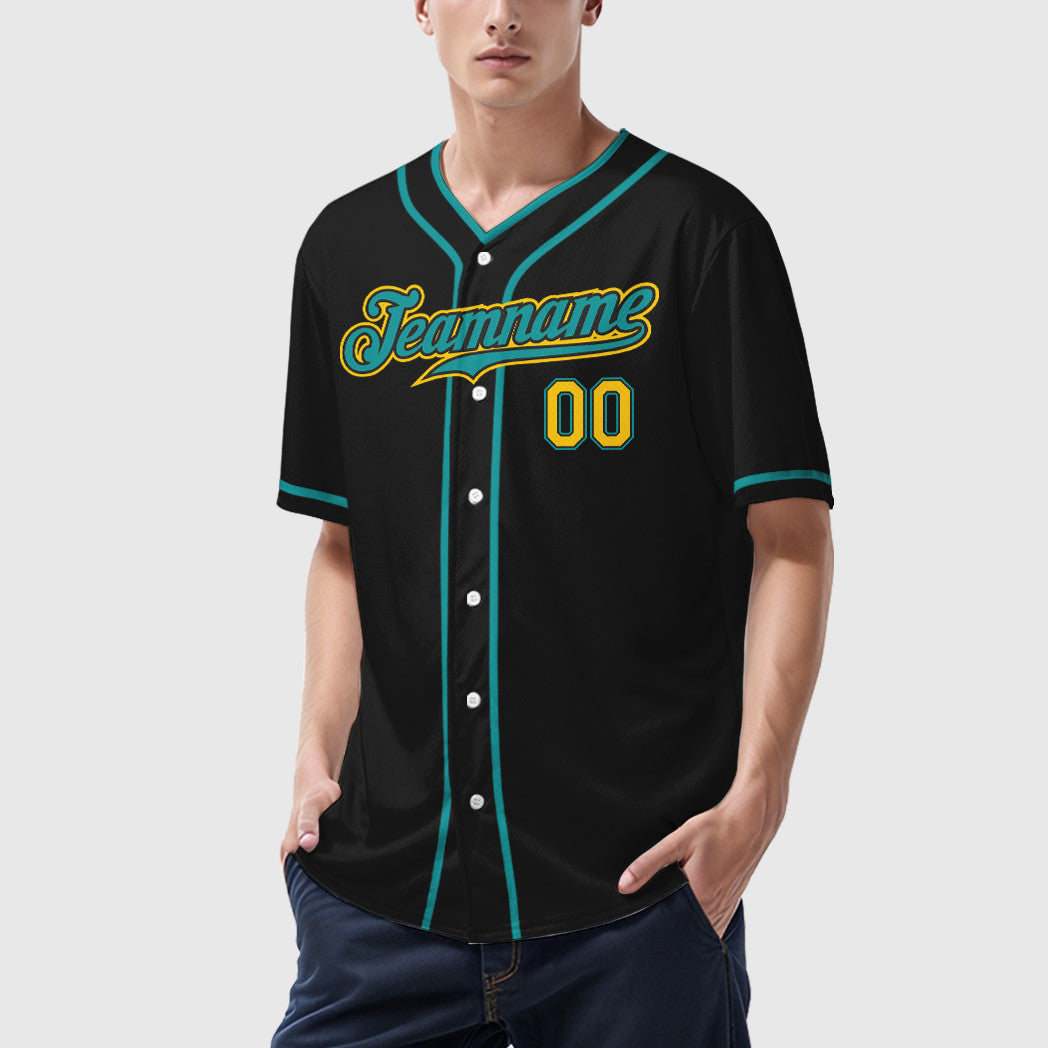 Custom Black Yellow Teal Piping Baseball Jersey