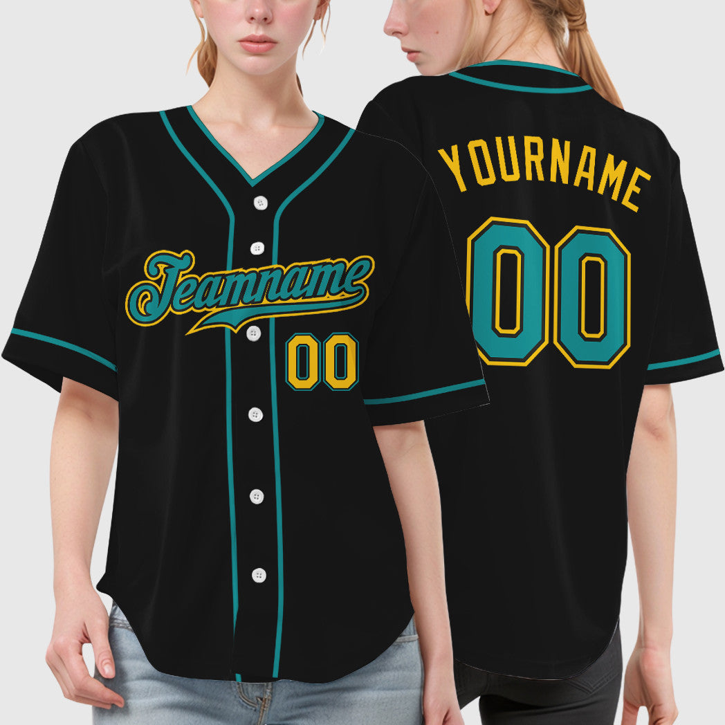 Custom Black Yellow Teal Piping Baseball Jersey