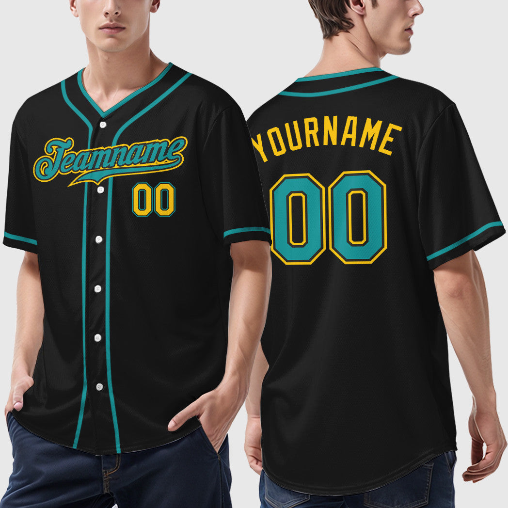 Custom Black Yellow Teal Piping Baseball Jersey