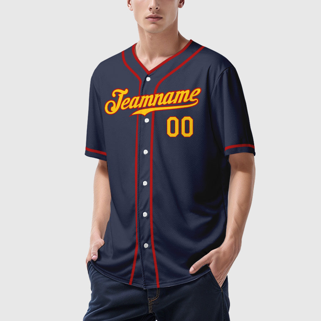 Custom Navy Yellow Red Piping Baseball Jersey