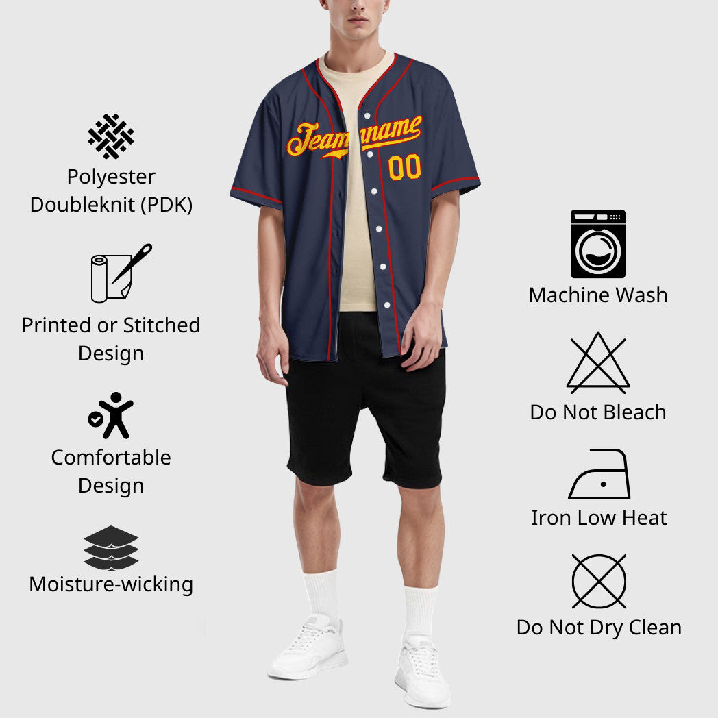 Custom Navy Yellow Red Piping Baseball Jersey