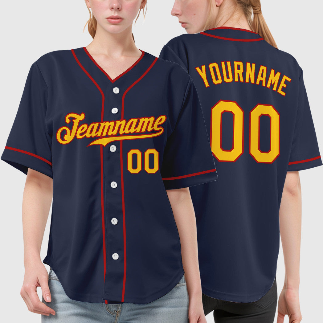 Custom Navy Yellow Red Piping Baseball Jersey