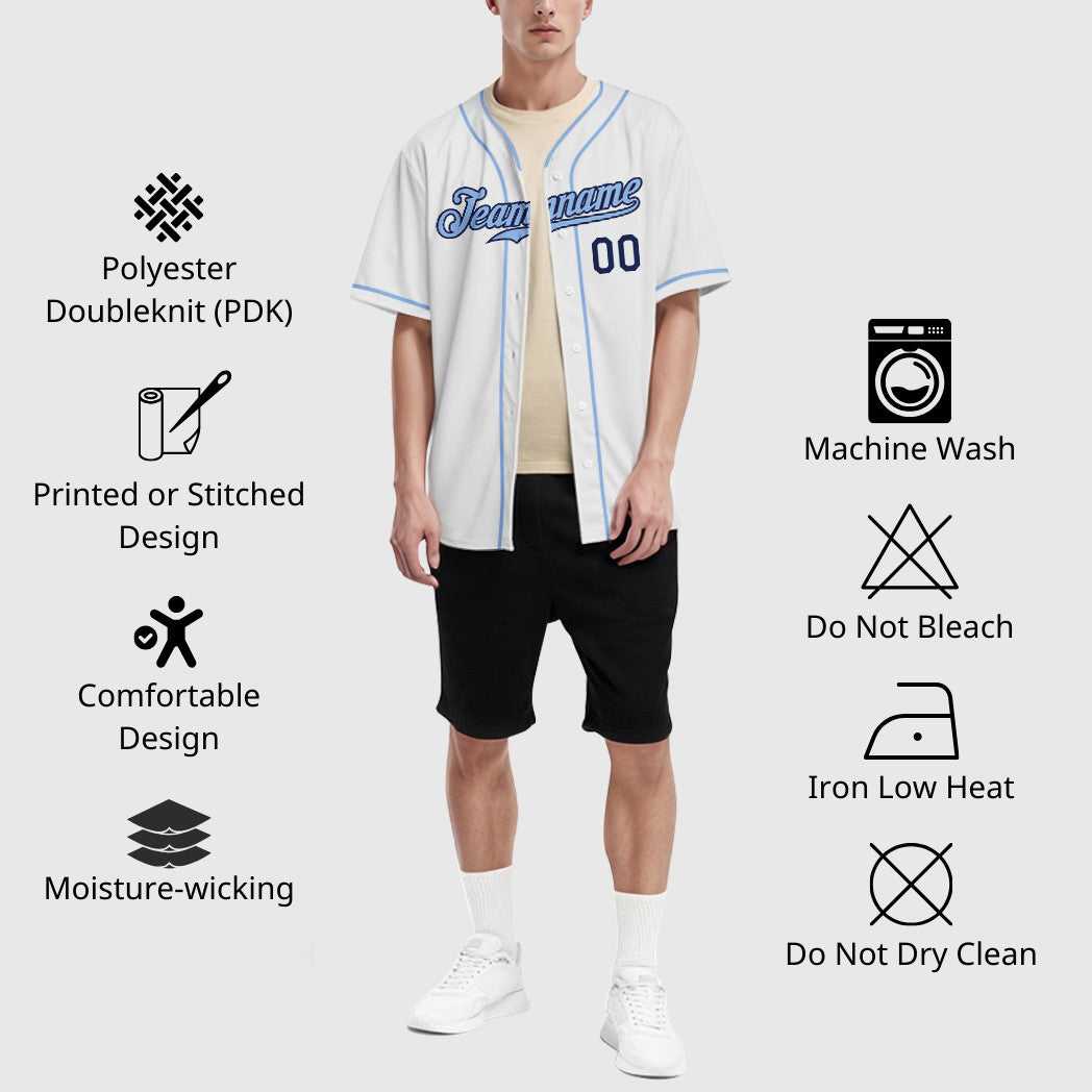 Custom White Navy Light Blue Piping Baseball Jersey