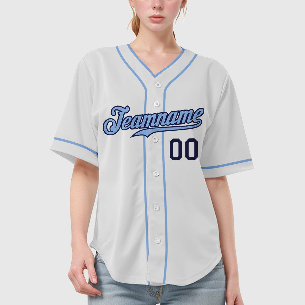 Custom White Navy Light Blue Piping Baseball Jersey