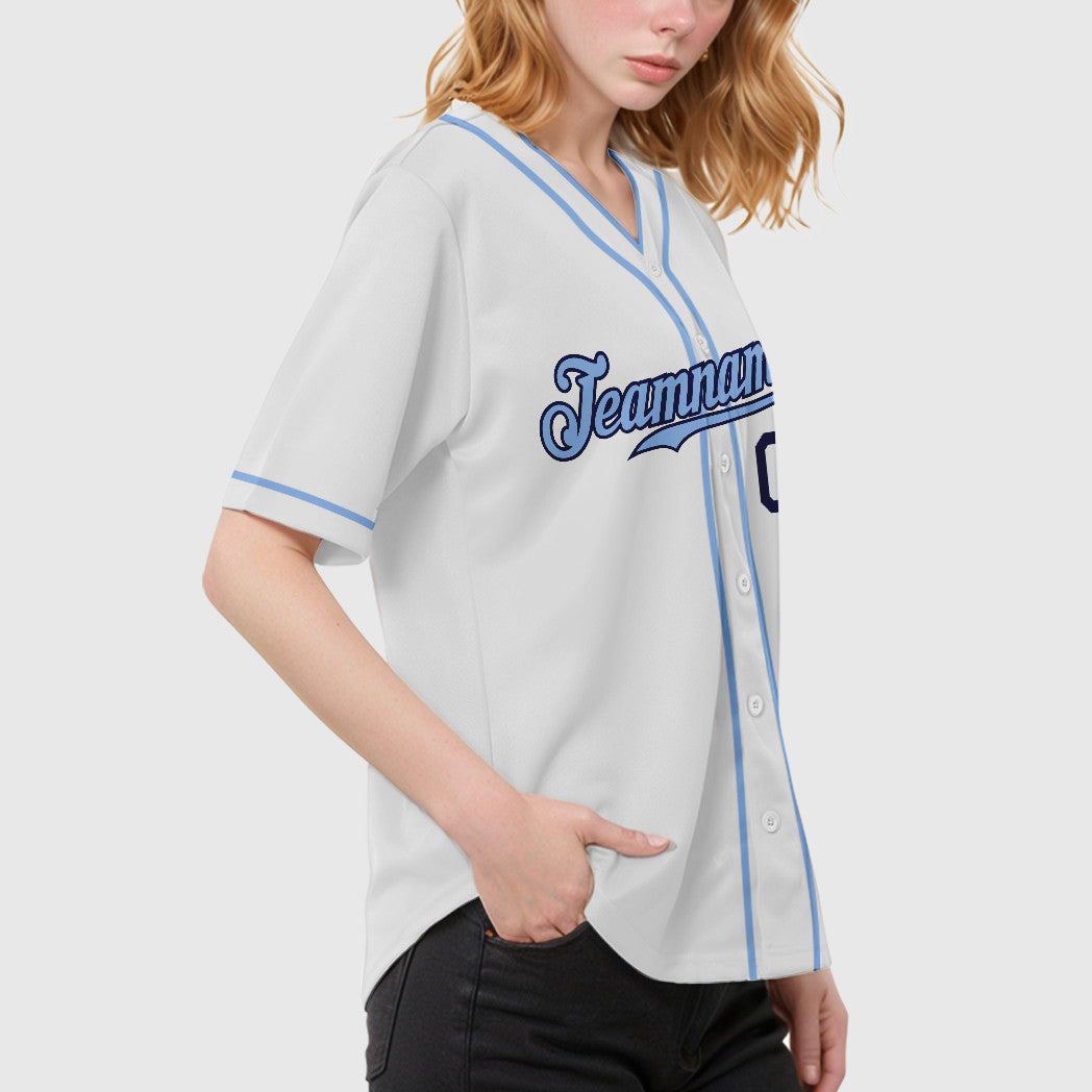 Custom White Navy Light Blue Piping Baseball Jersey