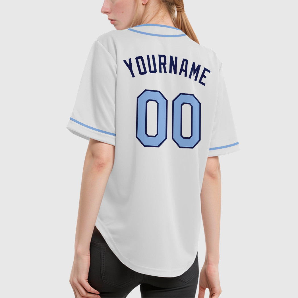 Custom White Navy Light Blue Piping Baseball Jersey