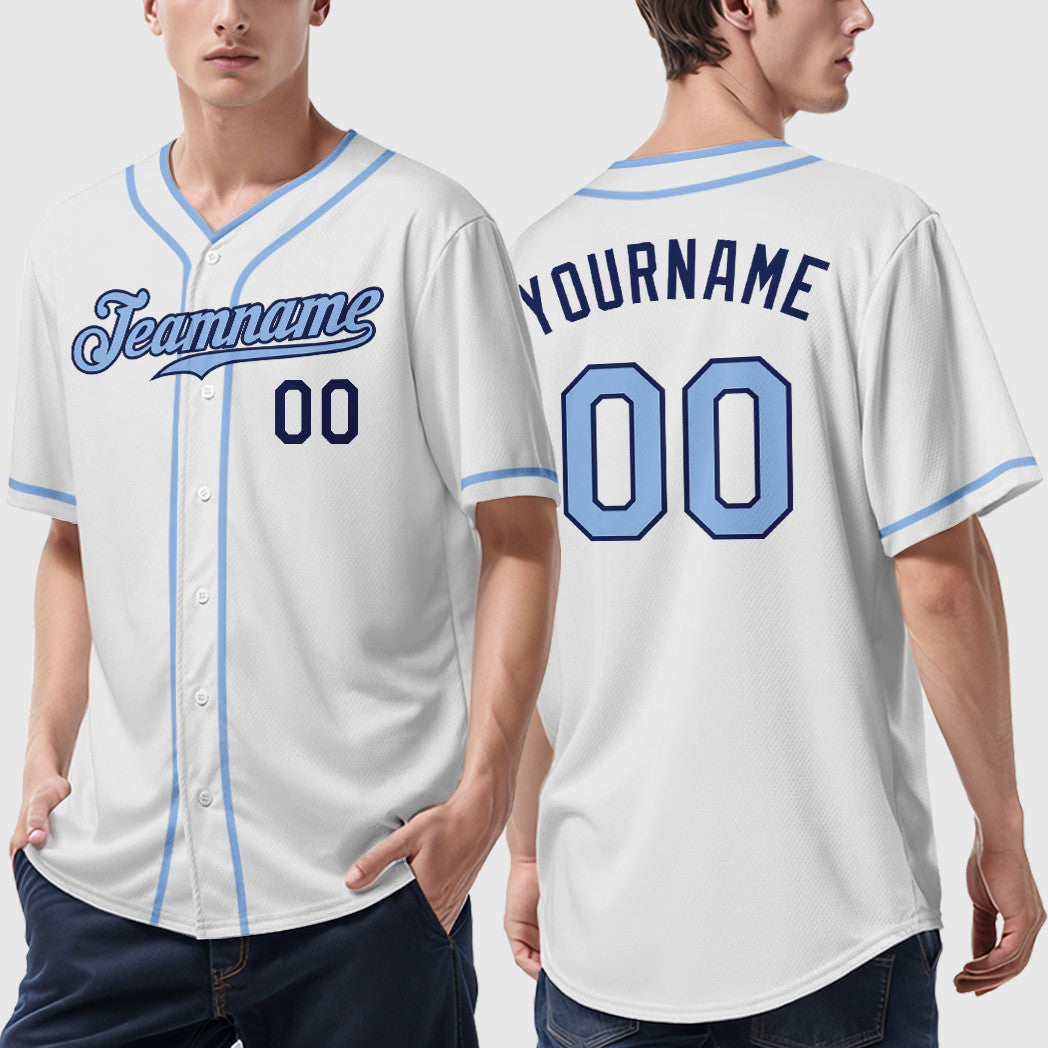 Custom White Navy Light Blue Piping Baseball Jersey