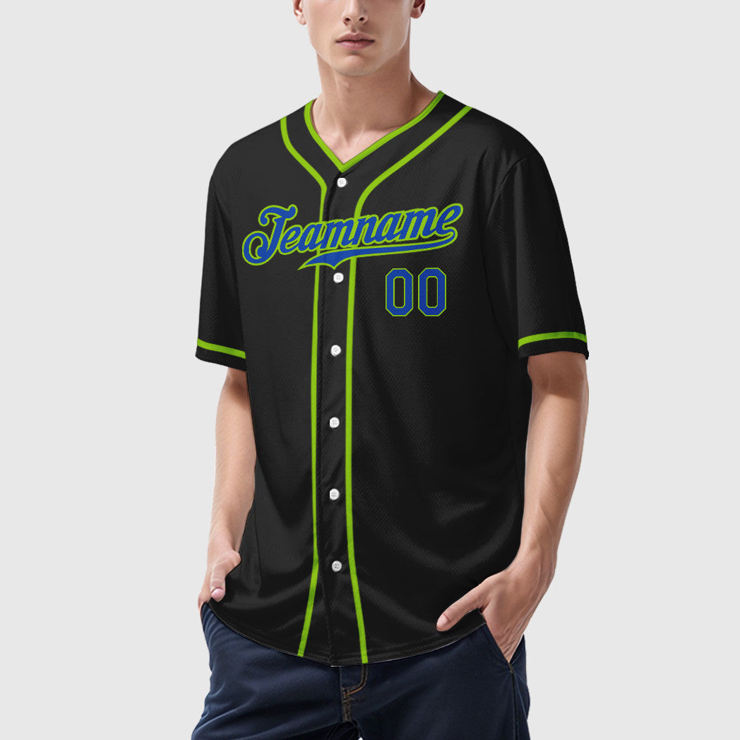 Custom Black Neon Green Thunder Blue Piping Baseball Jersey
