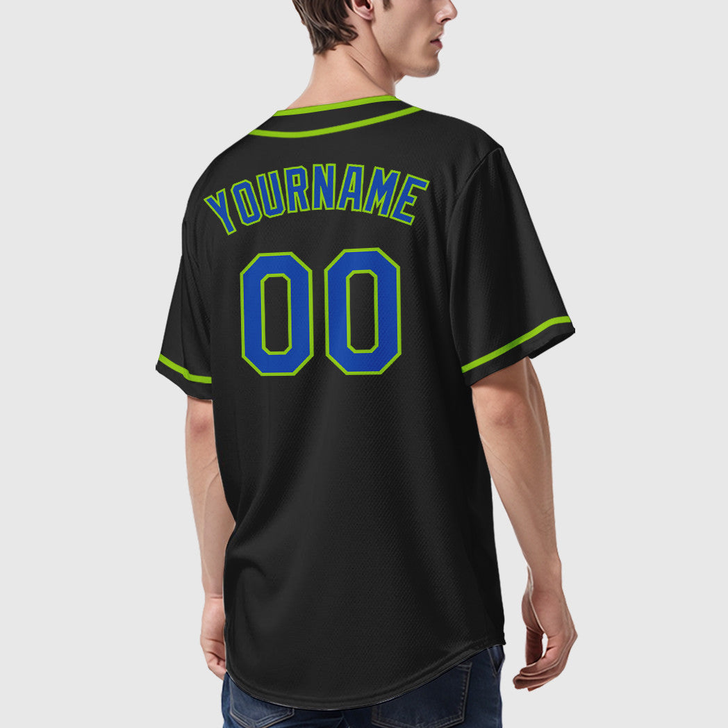 Custom Black Neon Green Thunder Blue Piping Baseball Jersey