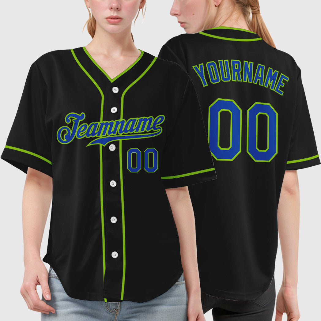 Custom Black Neon Green Thunder Blue Piping Baseball Jersey