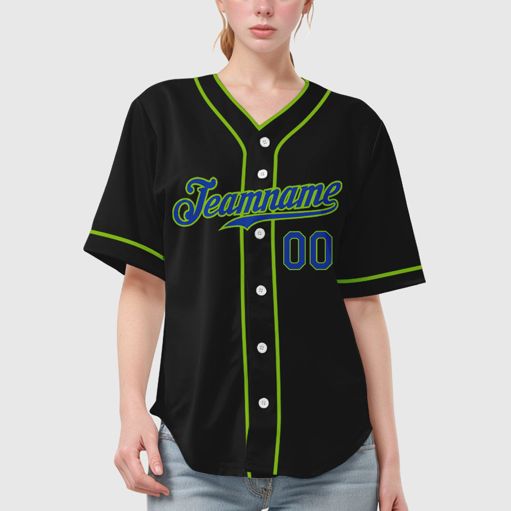 Custom Black Neon Green Thunder Blue Piping Baseball Jersey