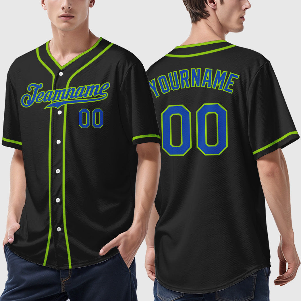 Custom Black Neon Green Thunder Blue Piping Baseball Jersey