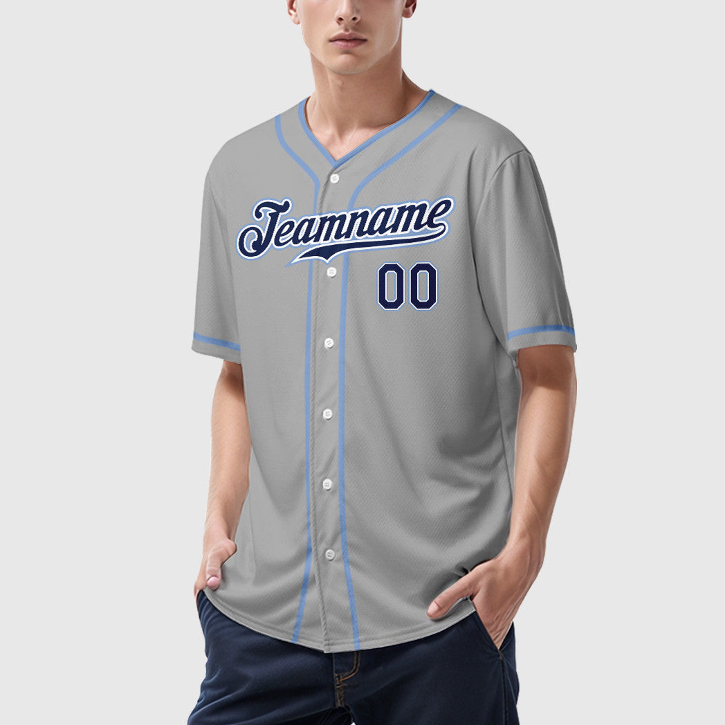 Custom Gray Navy Navy-Light Blue Piping Baseball Jersey