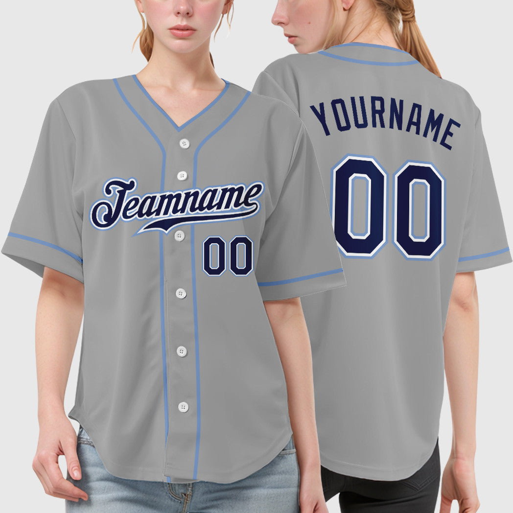 Custom Gray Navy Navy-Light Blue Piping Baseball Jersey