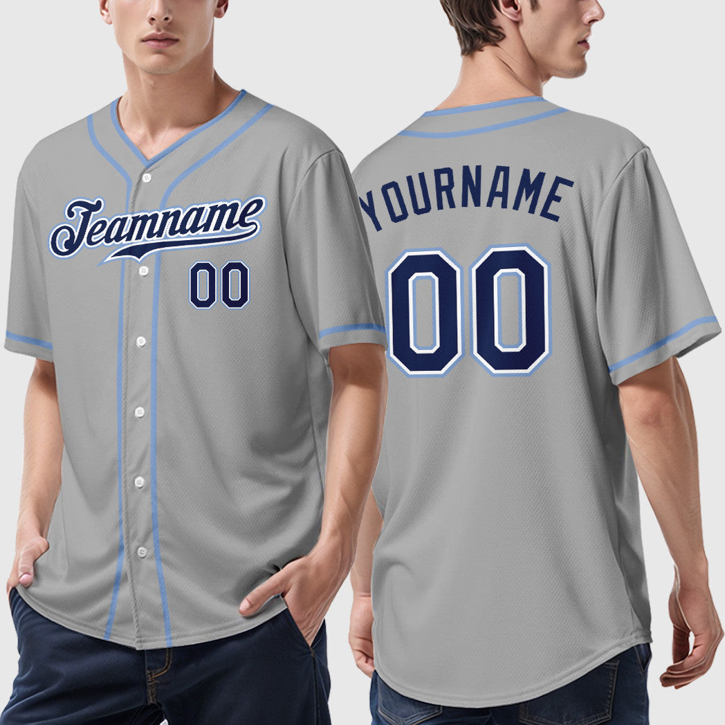 Custom Gray Navy Navy-Light Blue Piping Baseball Jersey
