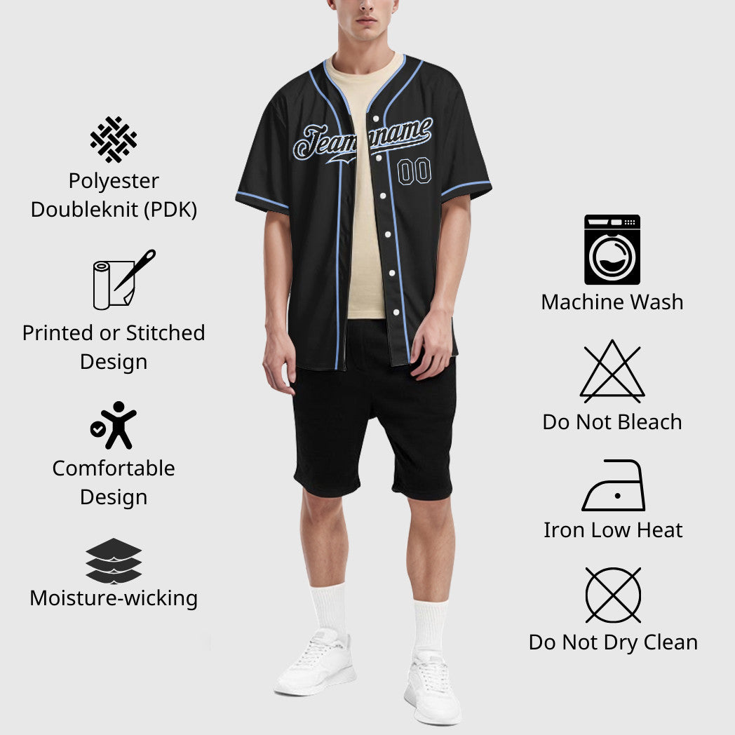 Custom Black Light Blue Black-White Piping Baseball Jersey
