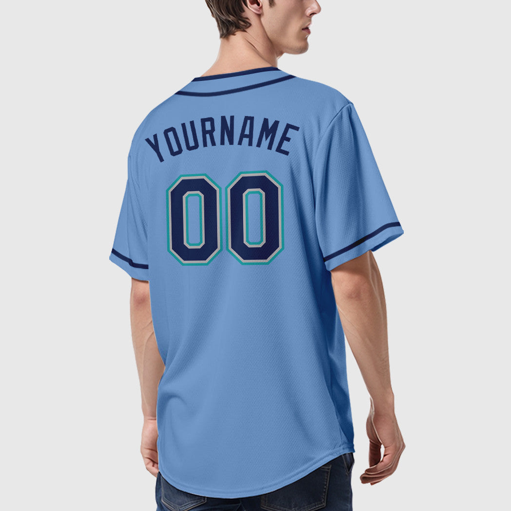 Custom Light Blue Navy Navy-Teal Piping Baseball Jersey