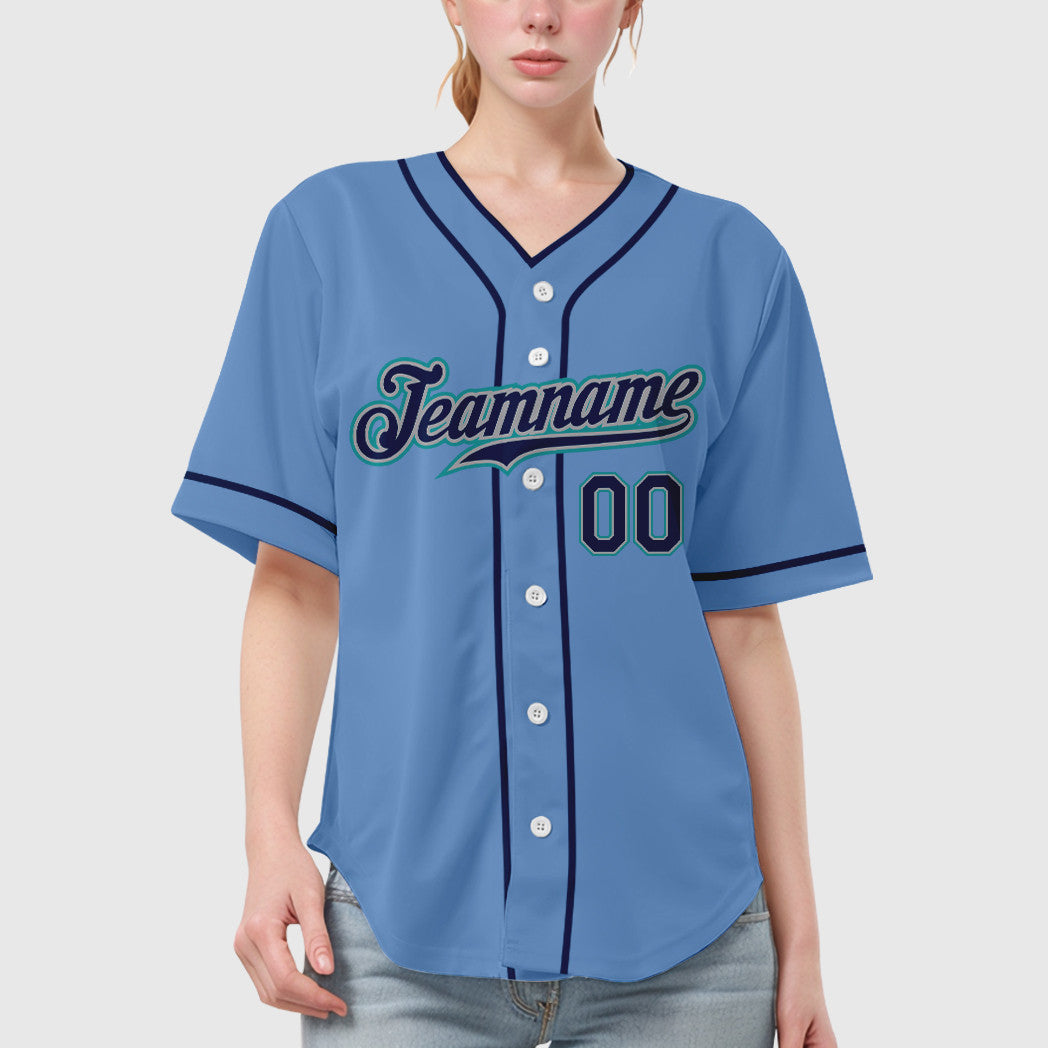 Custom Light Blue Navy Navy-Teal Piping Baseball Jersey