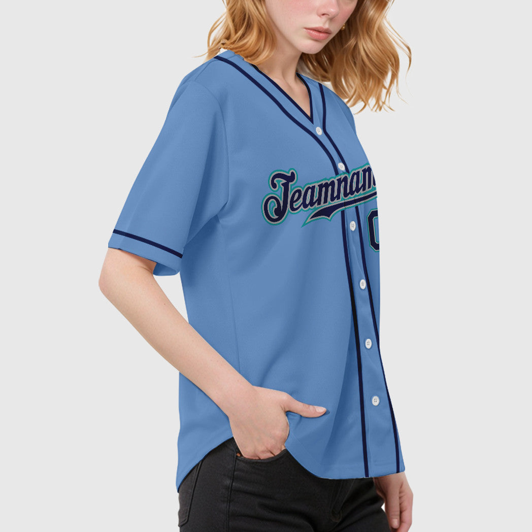 Custom Light Blue Navy Navy-Teal Piping Baseball Jersey