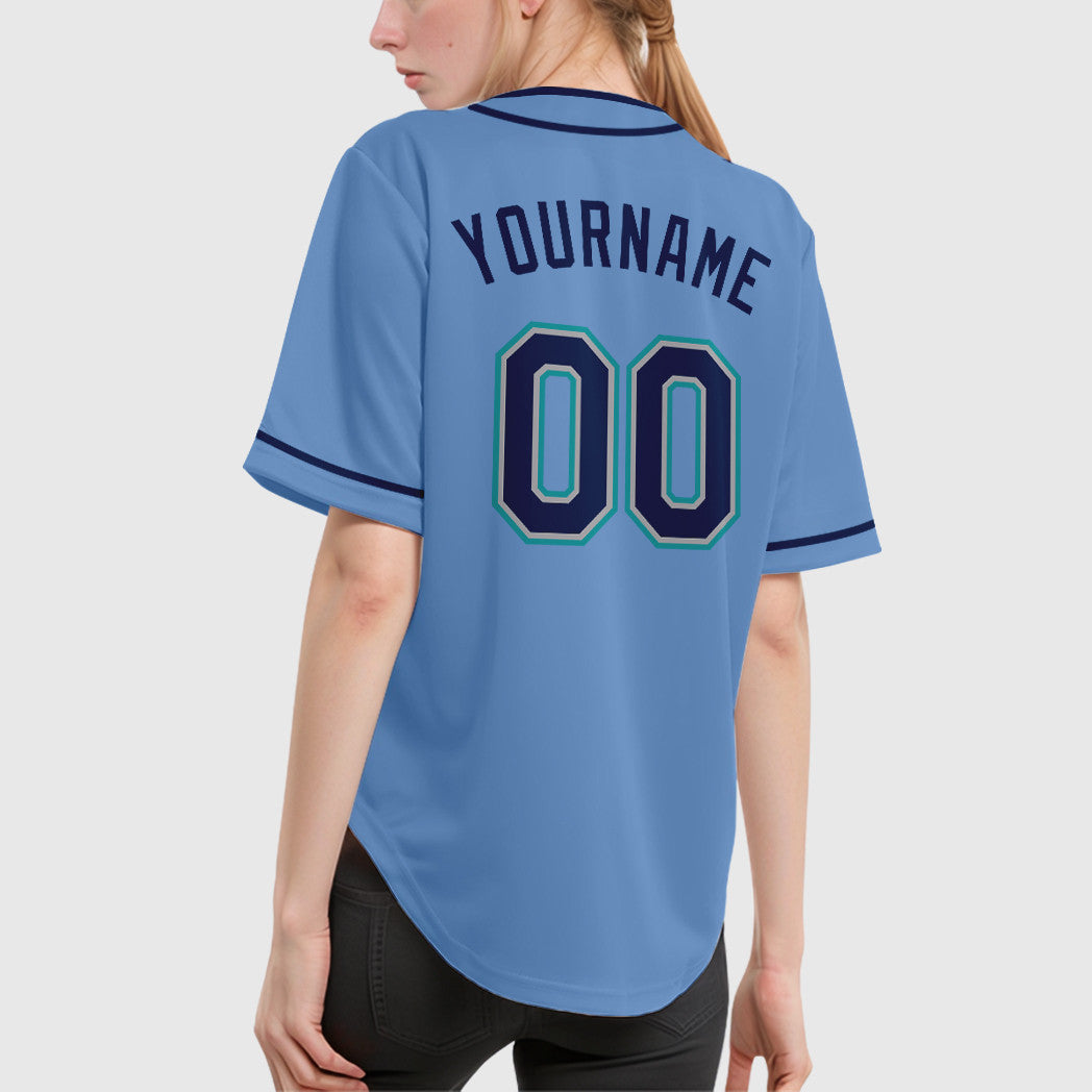 Custom Light Blue Navy Navy-Teal Piping Baseball Jersey
