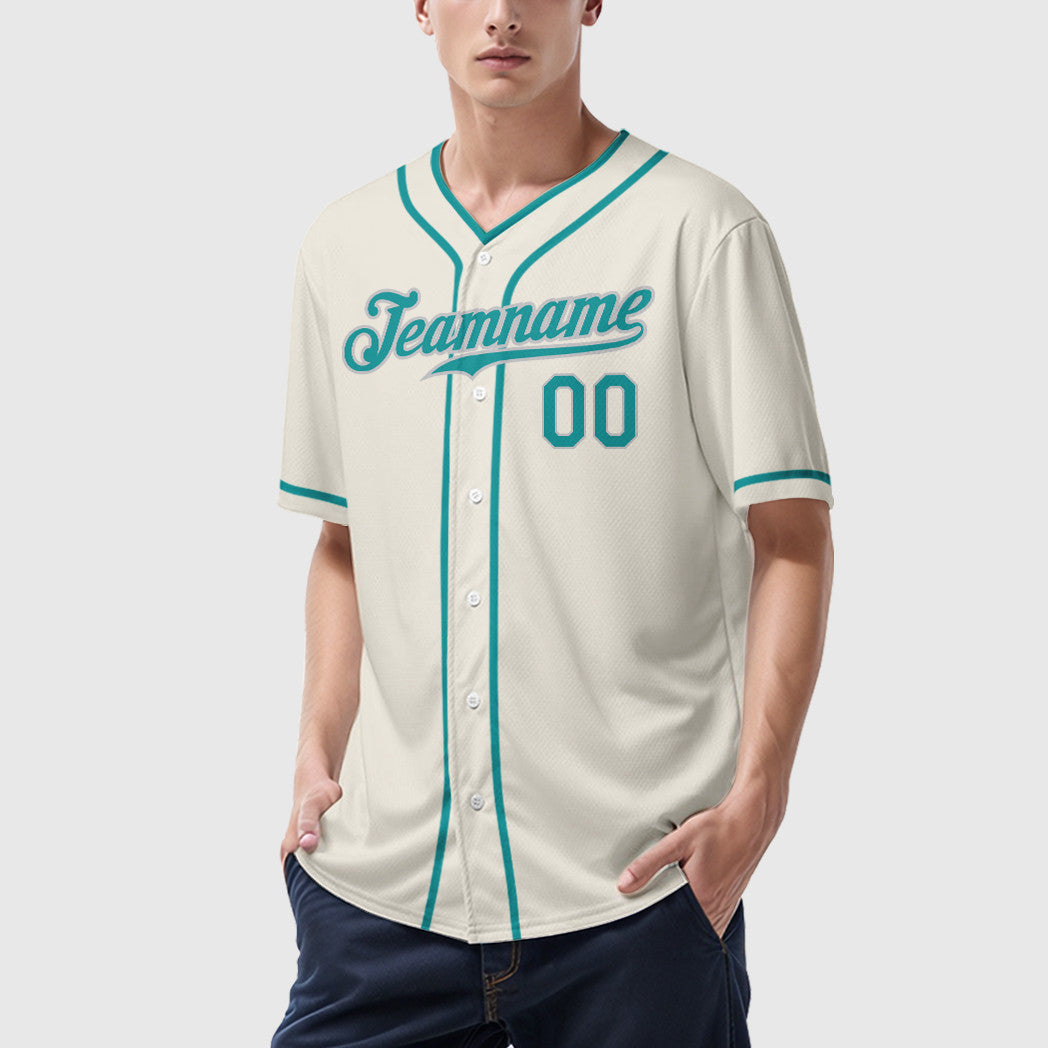Custom Cream Teal Teal-Gray Piping Baseball Jersey