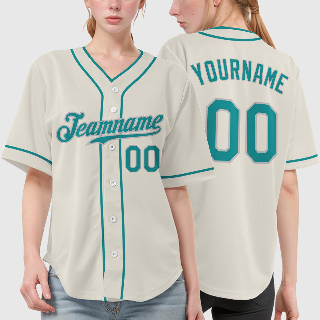 Custom Cream Teal Teal-Gray Piping Baseball Jersey