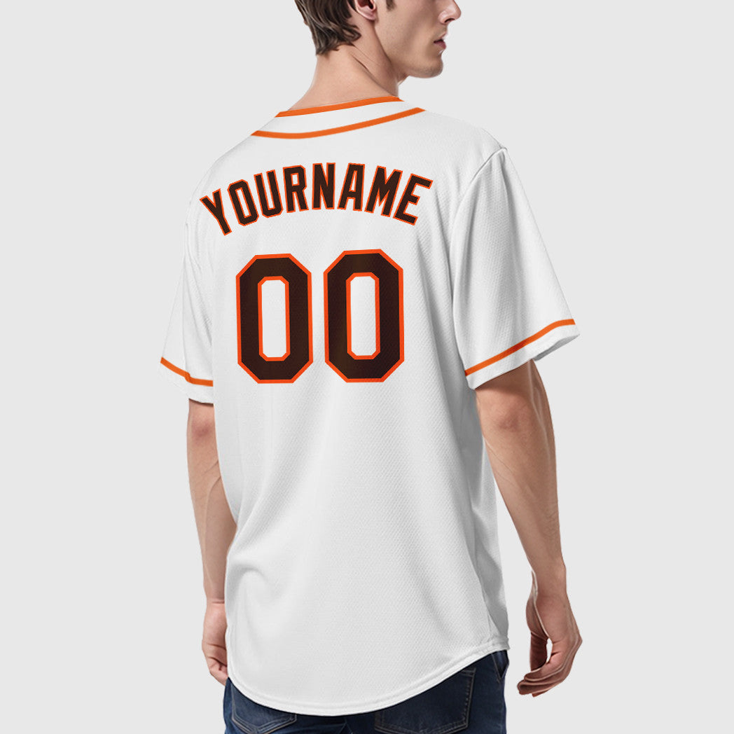 Custom White Brown Brown-Orange Piping Baseball Jersey