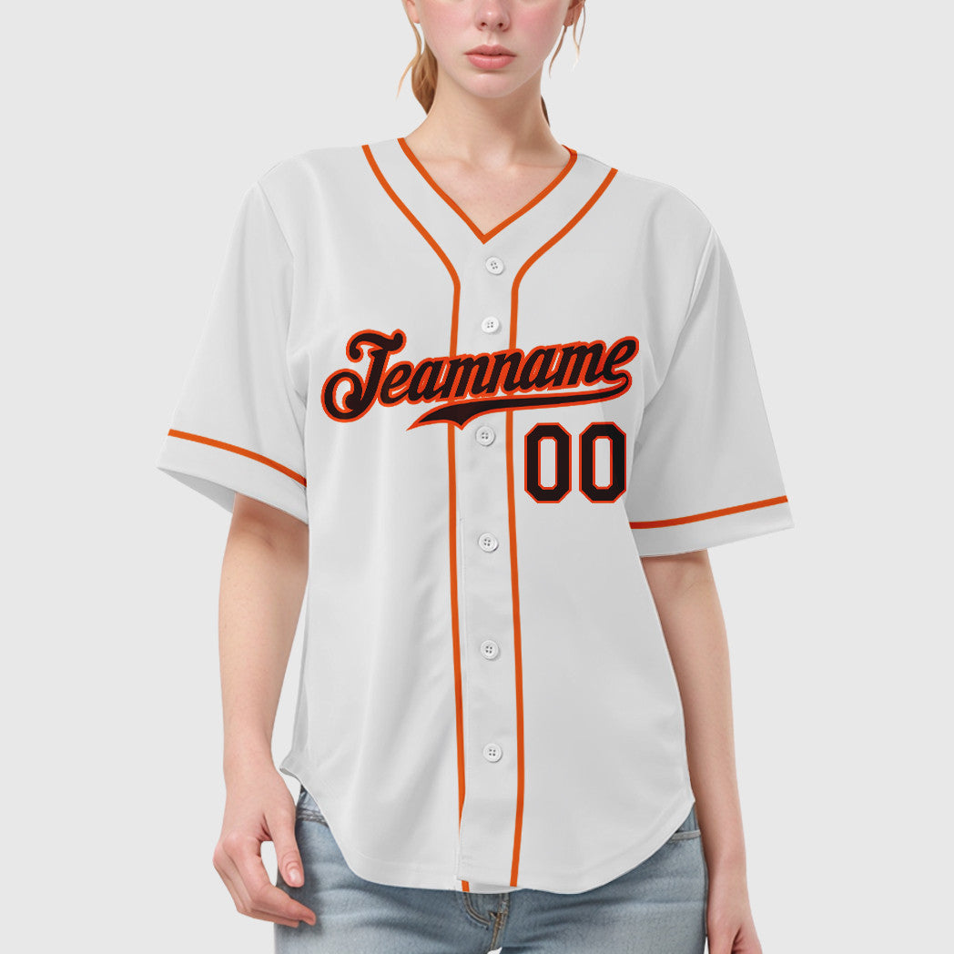 Custom White Brown Brown-Orange Piping Baseball Jersey