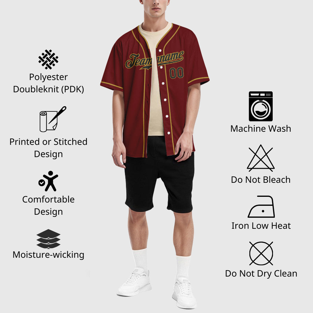 Custom Crimson Black Old Gold Piping Baseball Jersey