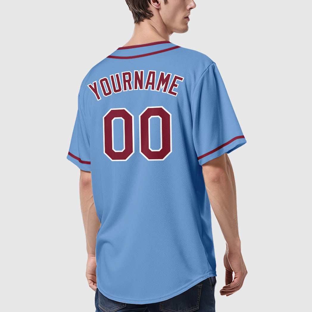 Custom Light Blue White Crimson Piping Baseball Jersey